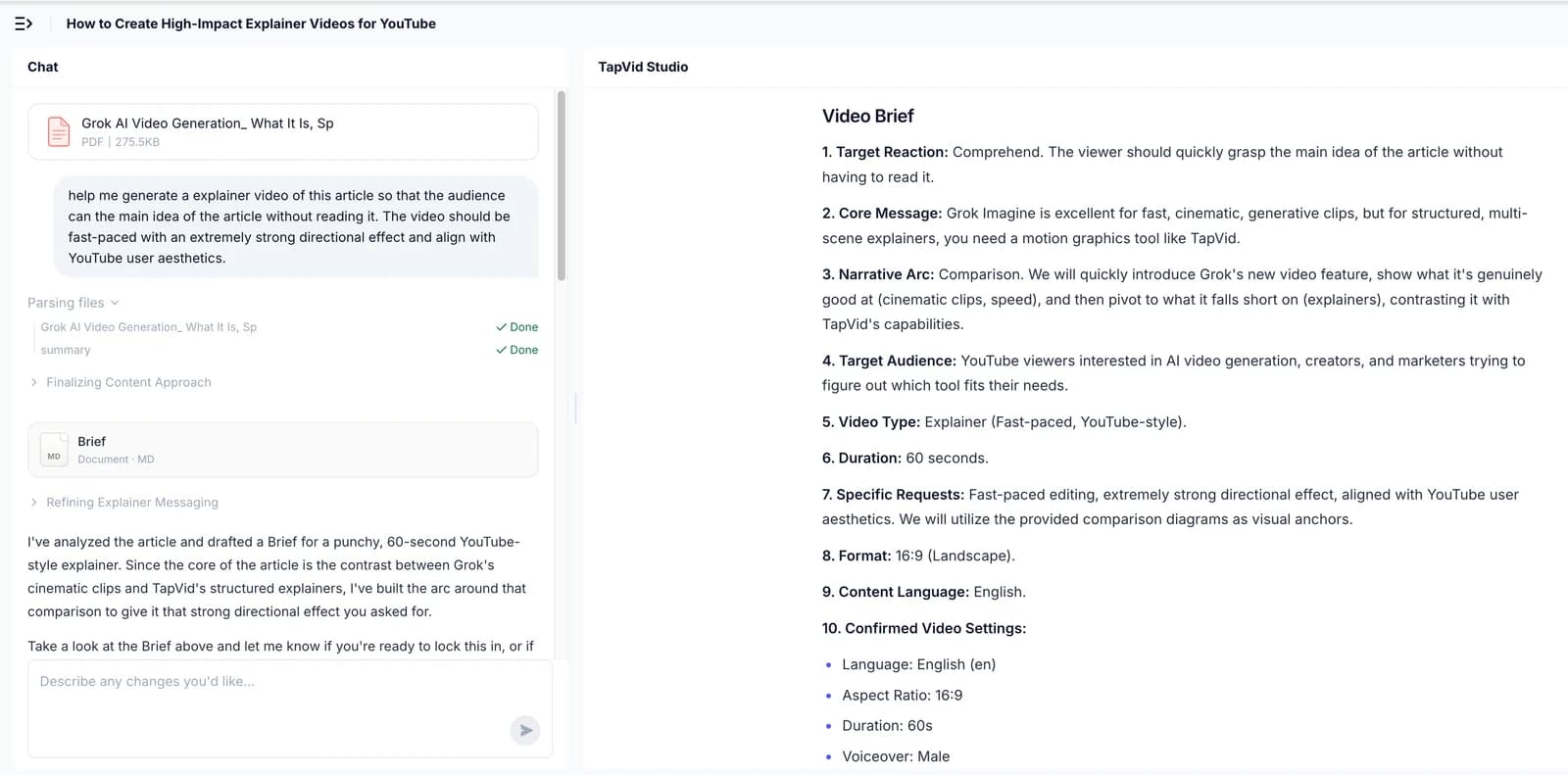 Step 2: the video brief TapVid wrote back, with target reaction, core message, and settings