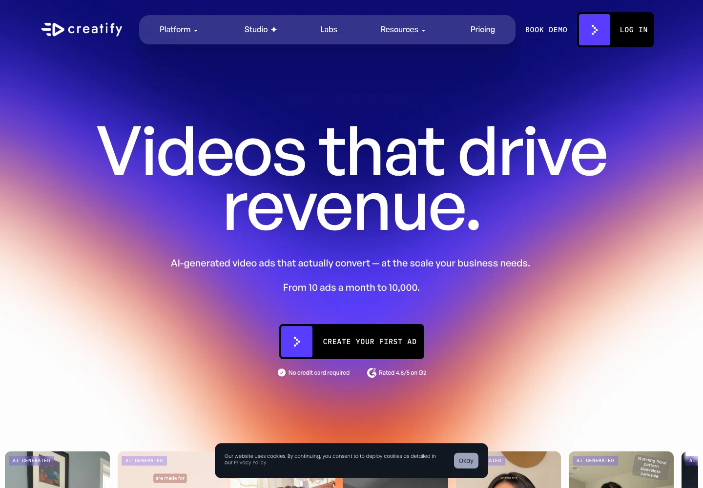 Creatify official website, captured September 16, 2026. A vendor feature overview, not evidence of measured ad performance.