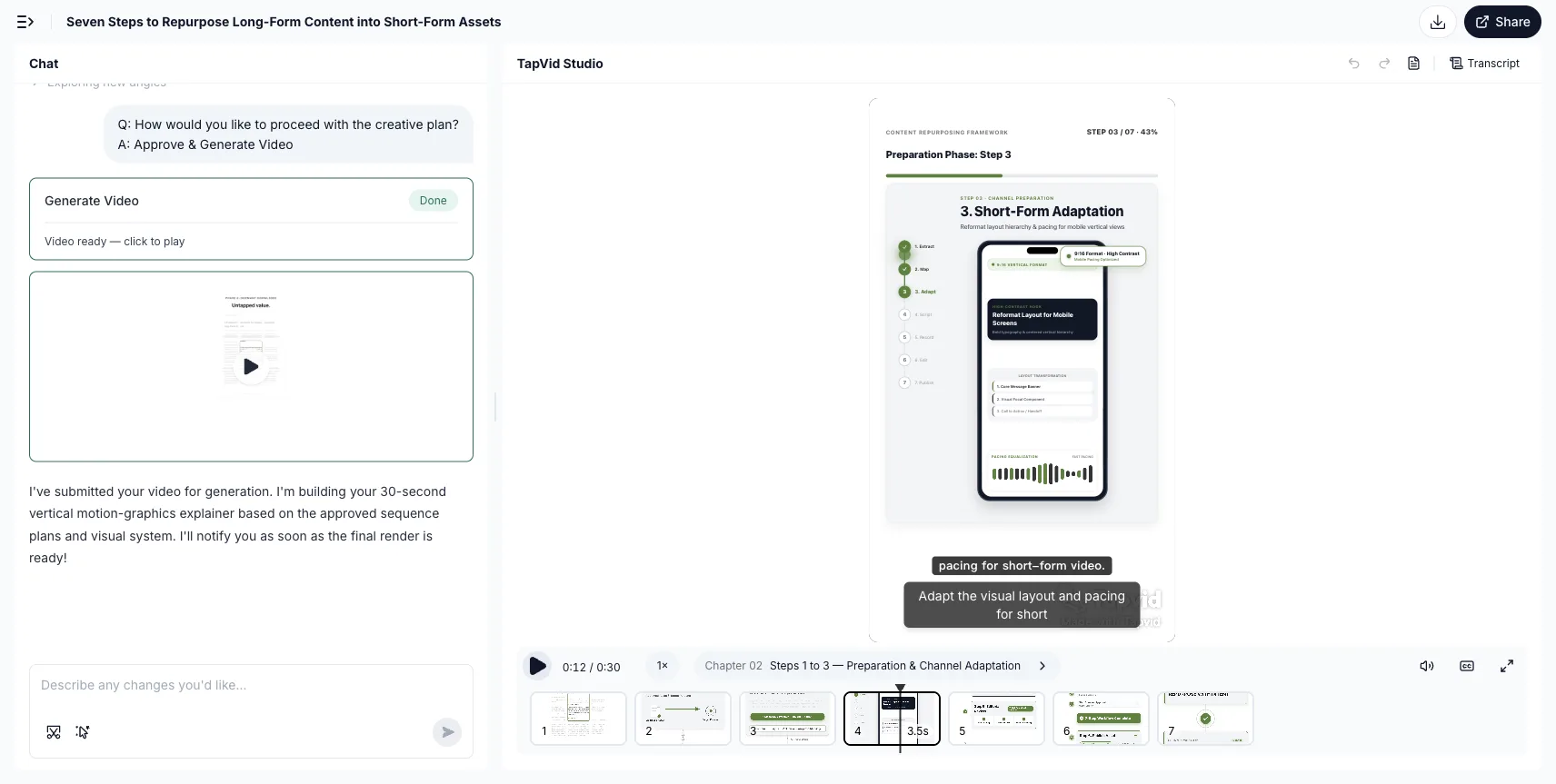 Hands-on test: TapVid Studio at 0:12 showing the generated Short-Form Adaptation scene and seven-scene timeline