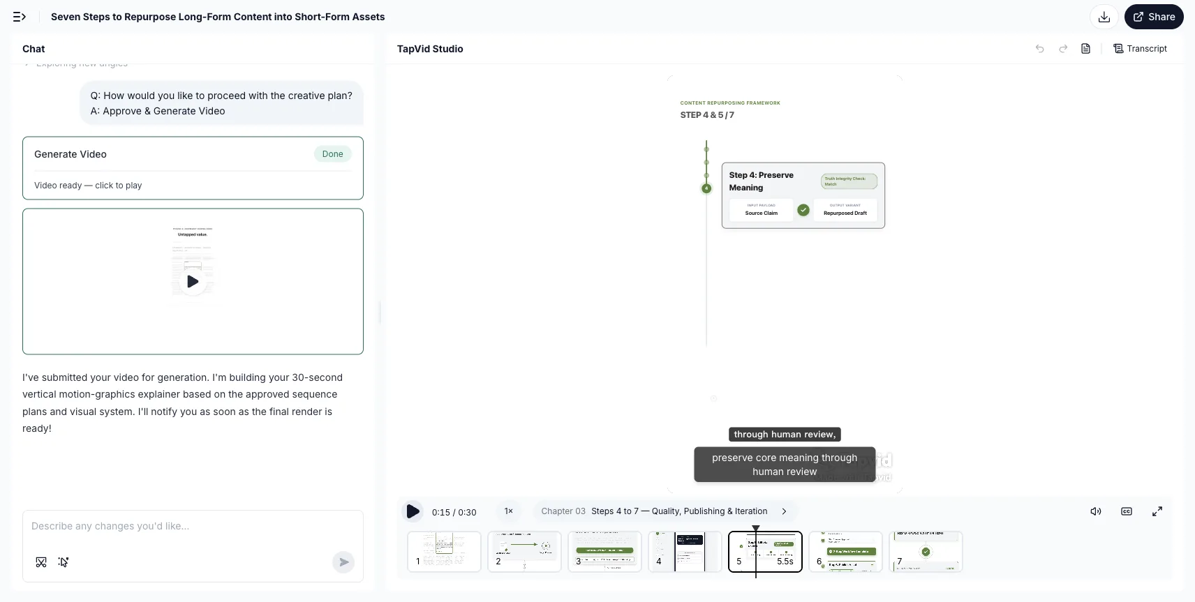 Hands-on test: TapVid Studio at 0:15 showing Preserve Meaning and Editorial Review stages