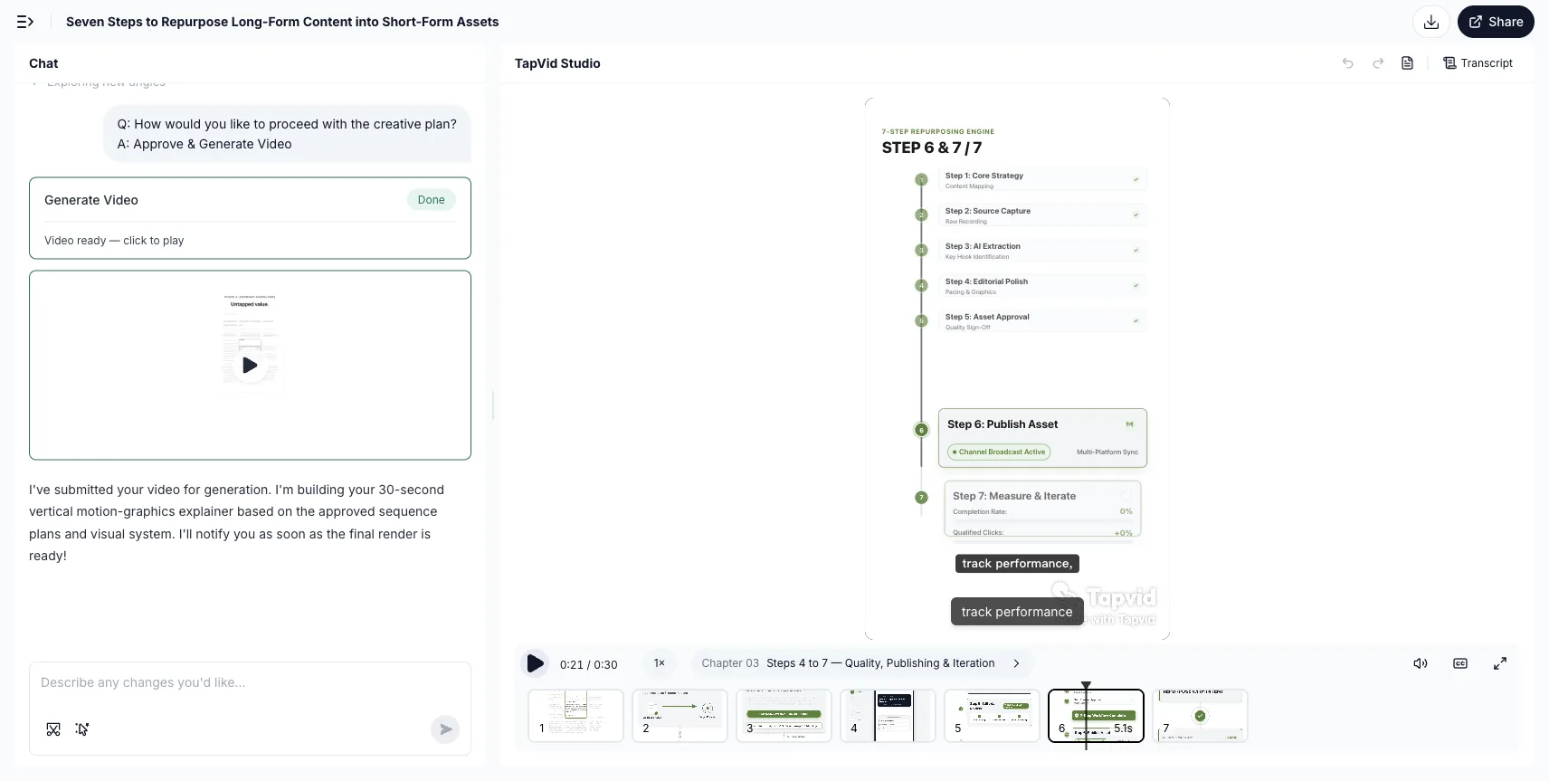 Hands-on test: TapVid Studio at 0:21 showing publishing and measurement as later workflow steps