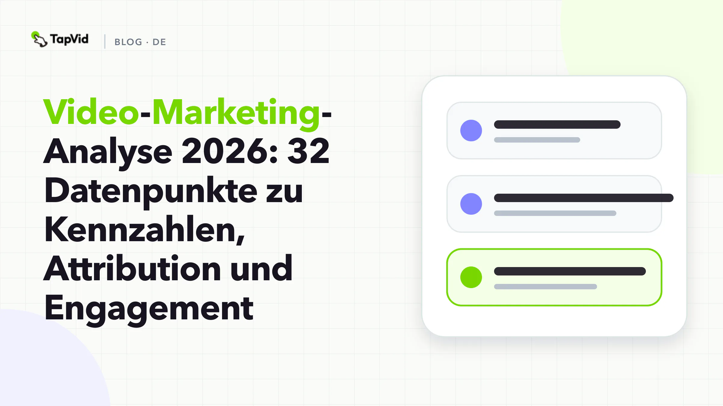 Vier Evidenzkarten zur Video-Marketing-Analyse: 67 % Umfrage-Aufrufe, 44 % Marketing-Mix-Modellierung, etwa 16 % CTA-Klicks und etwa 80 % Kurzvideo-Engagement.