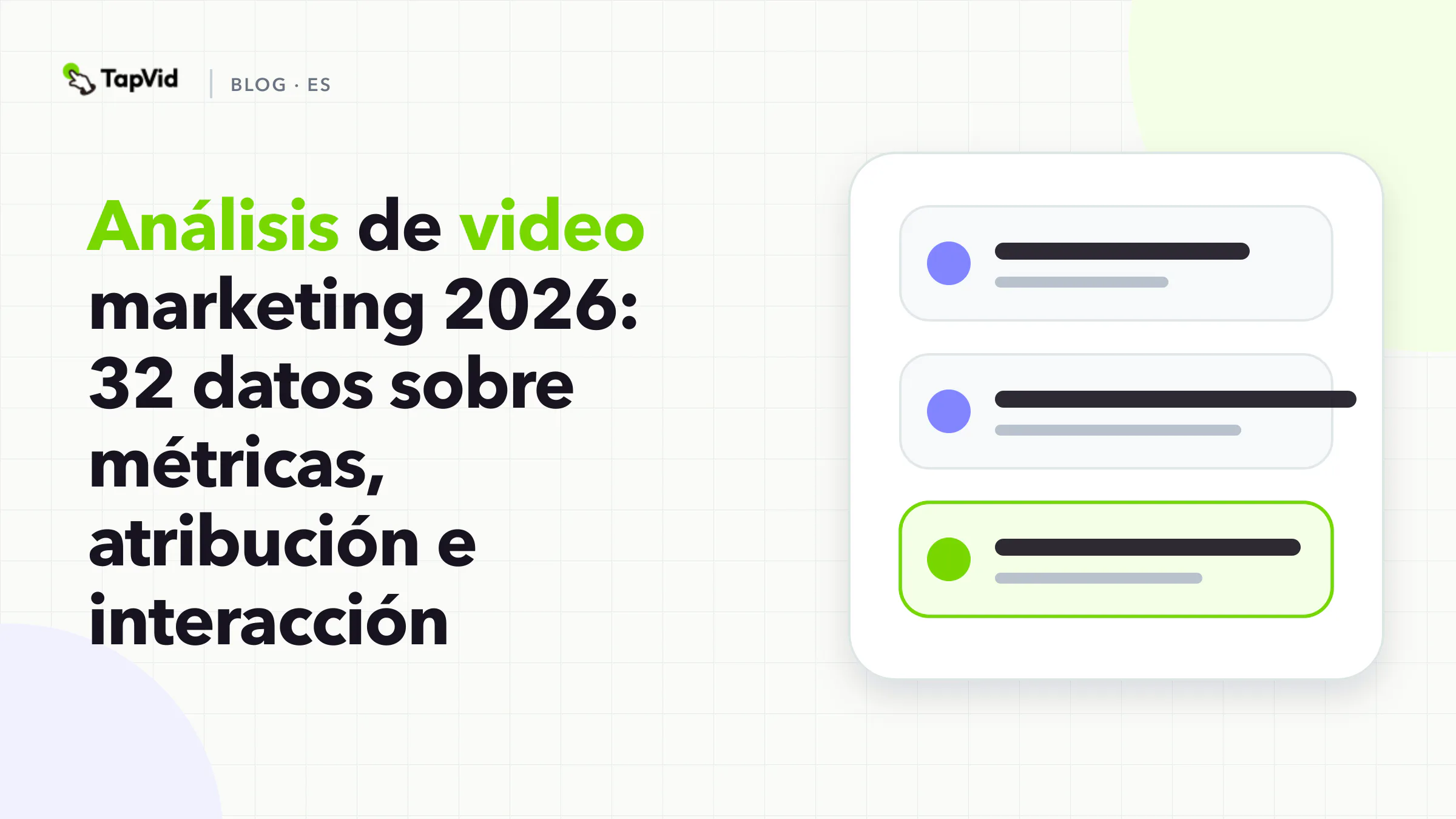 Cuatro tarjetas de evidencia de analítica de video marketing: 67 % de visualizaciones en encuestas, 44 % de modelado de marketing mix, cerca de 16 % de clics en CTA y cerca de 80 % de interacción con videos cortos.