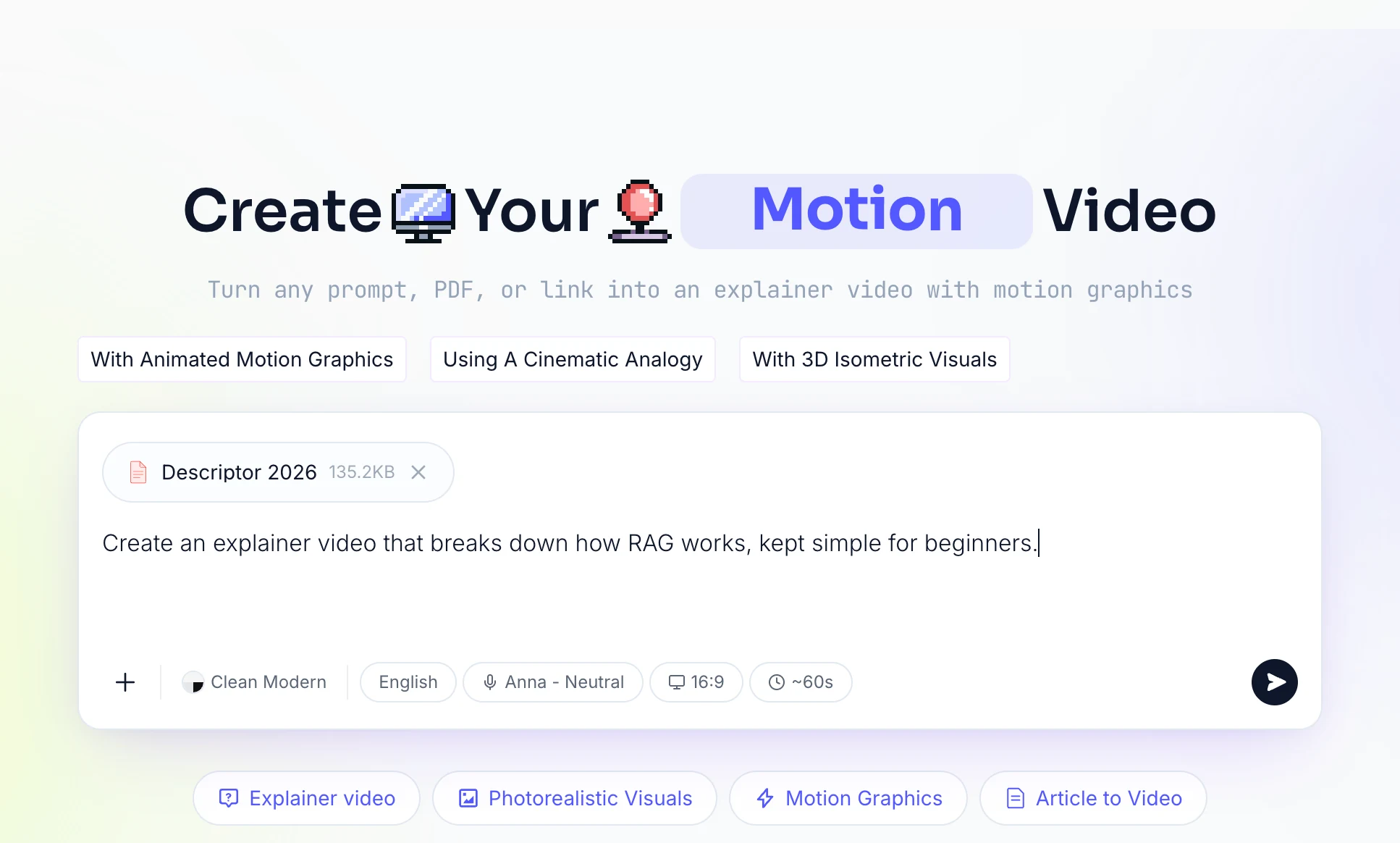 TapVid interface for turning a prompt, PDF, or link into an explainer video