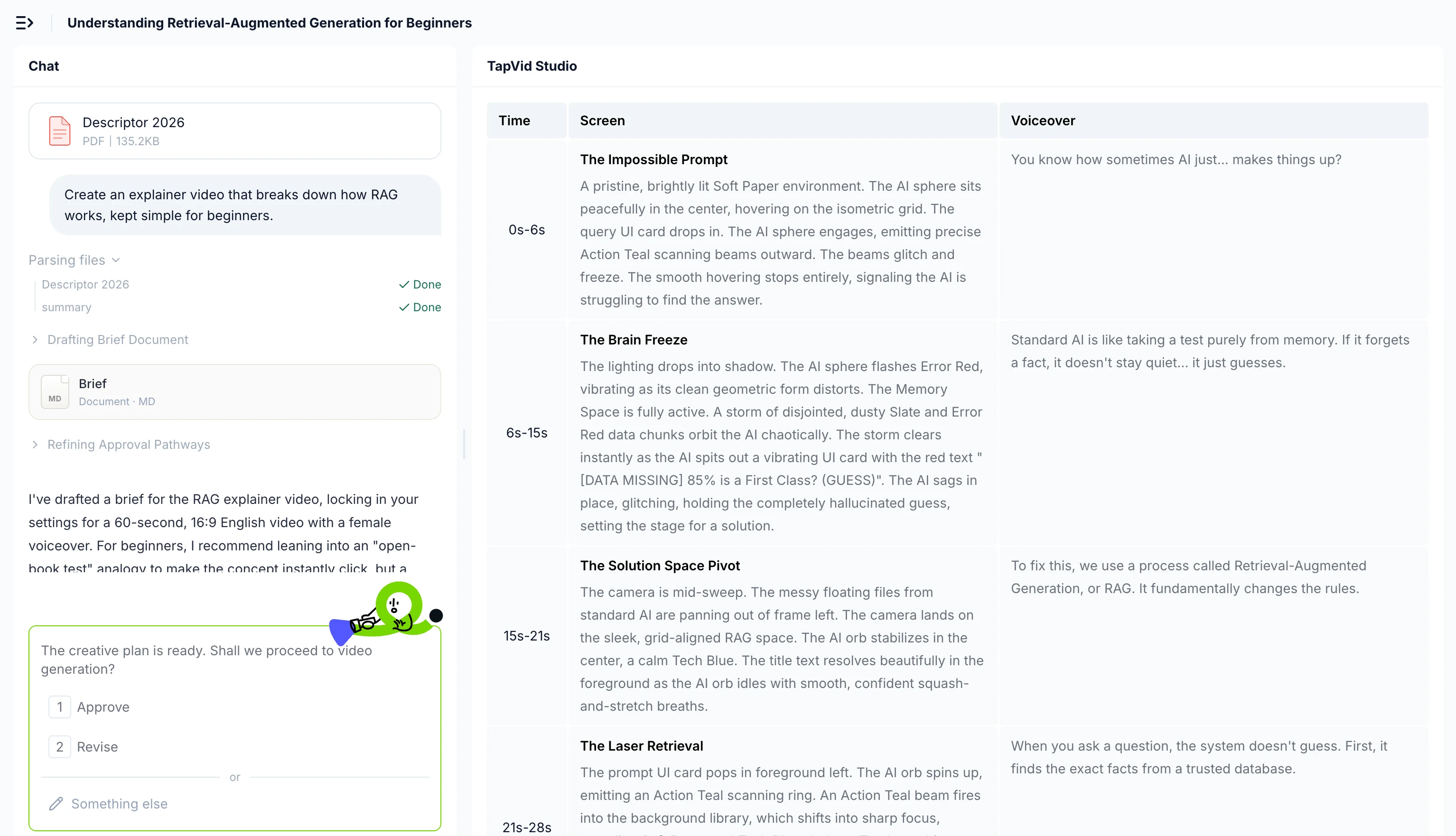 TapVid Studio showing the chat panel beside the generated video and its scene breakdown