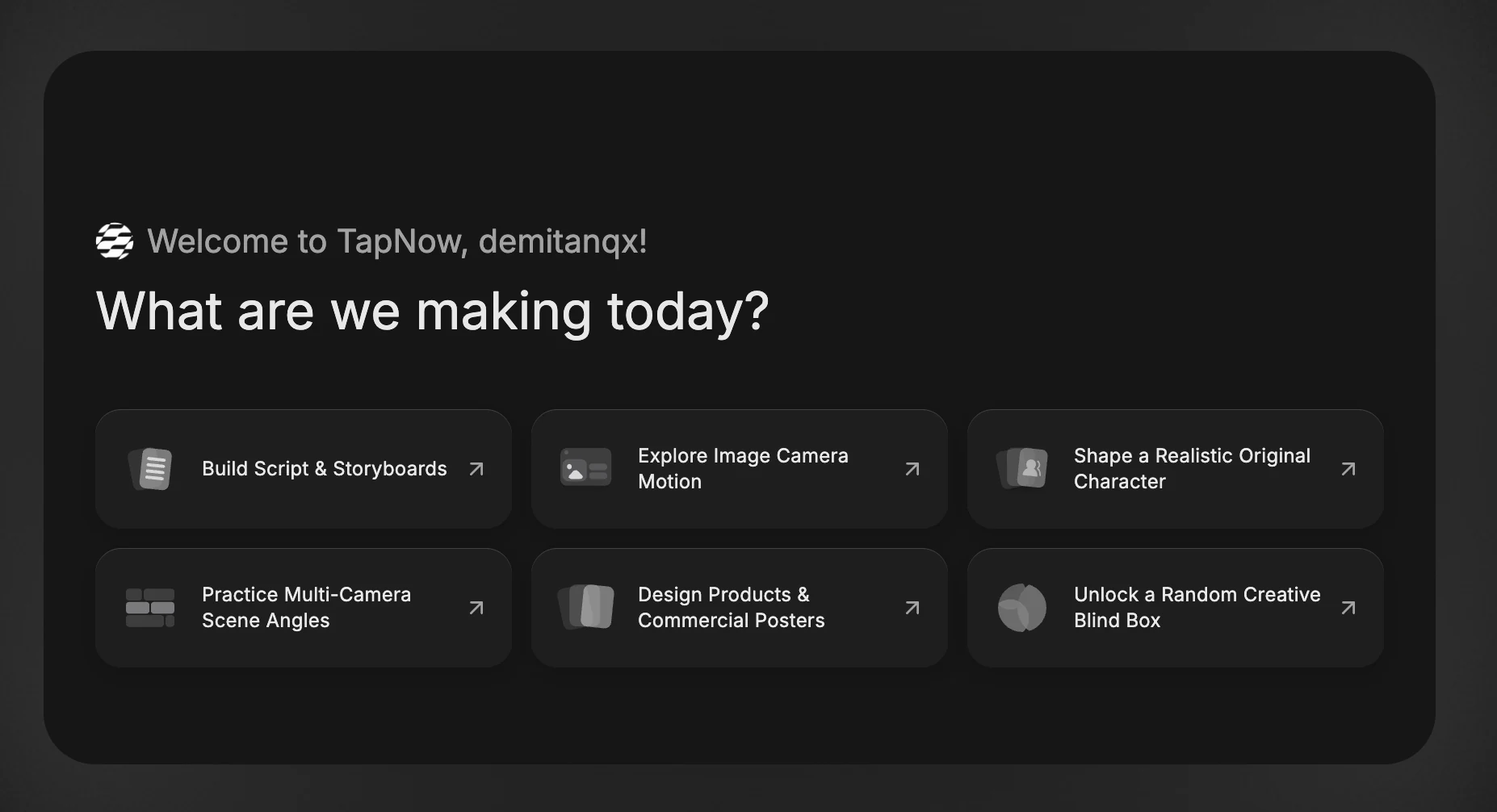 TapNow welcome screen for a new user