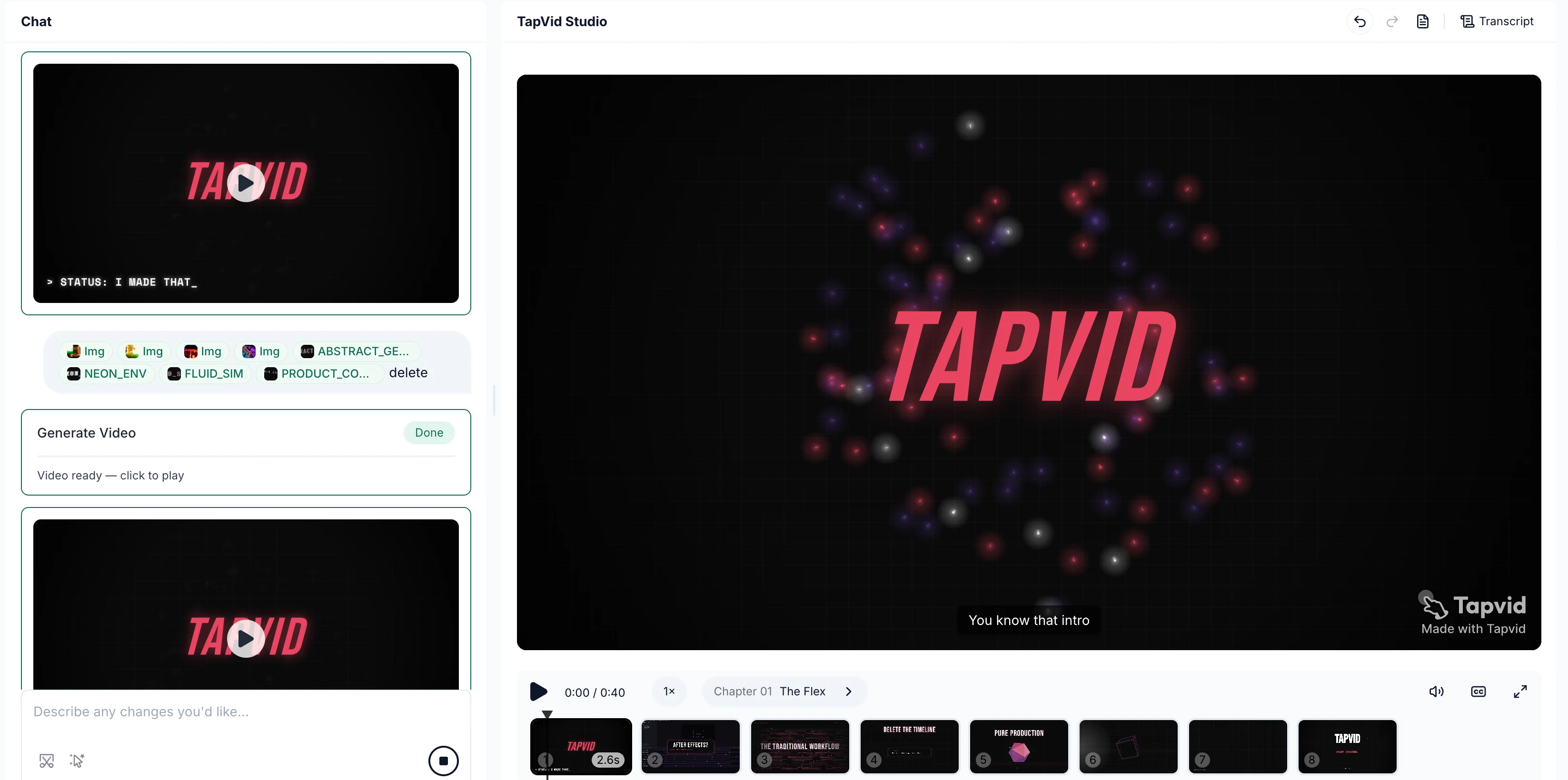 TapVid Studio interface with the editing panel and generated output