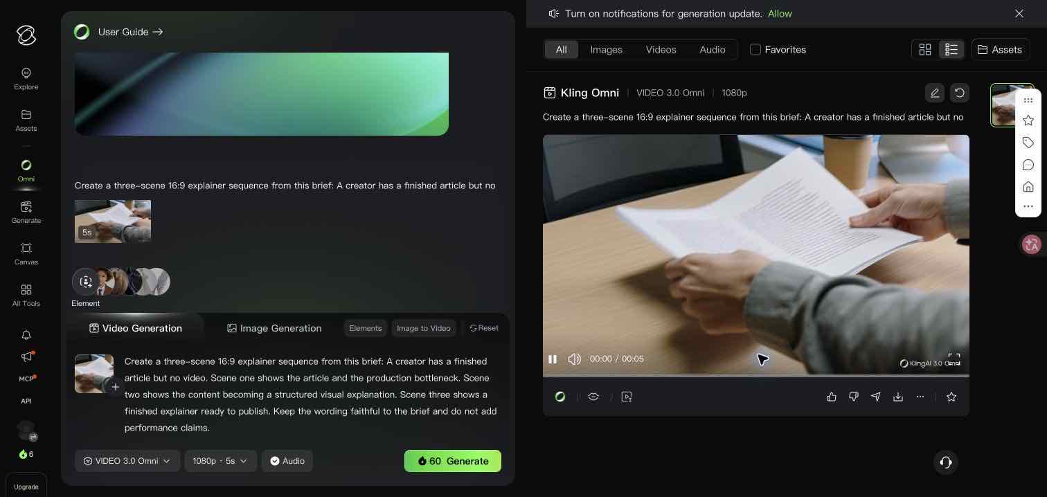 Kling VIDEO 3.0 Omni result showing the three-scene explainer sequence and watermark