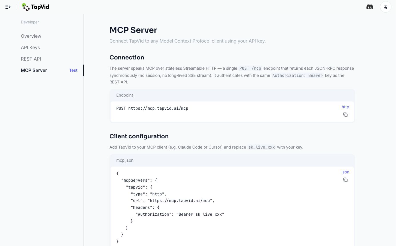 Live TapVid MCP Server page with the Streamable HTTP endpoint and client configuration