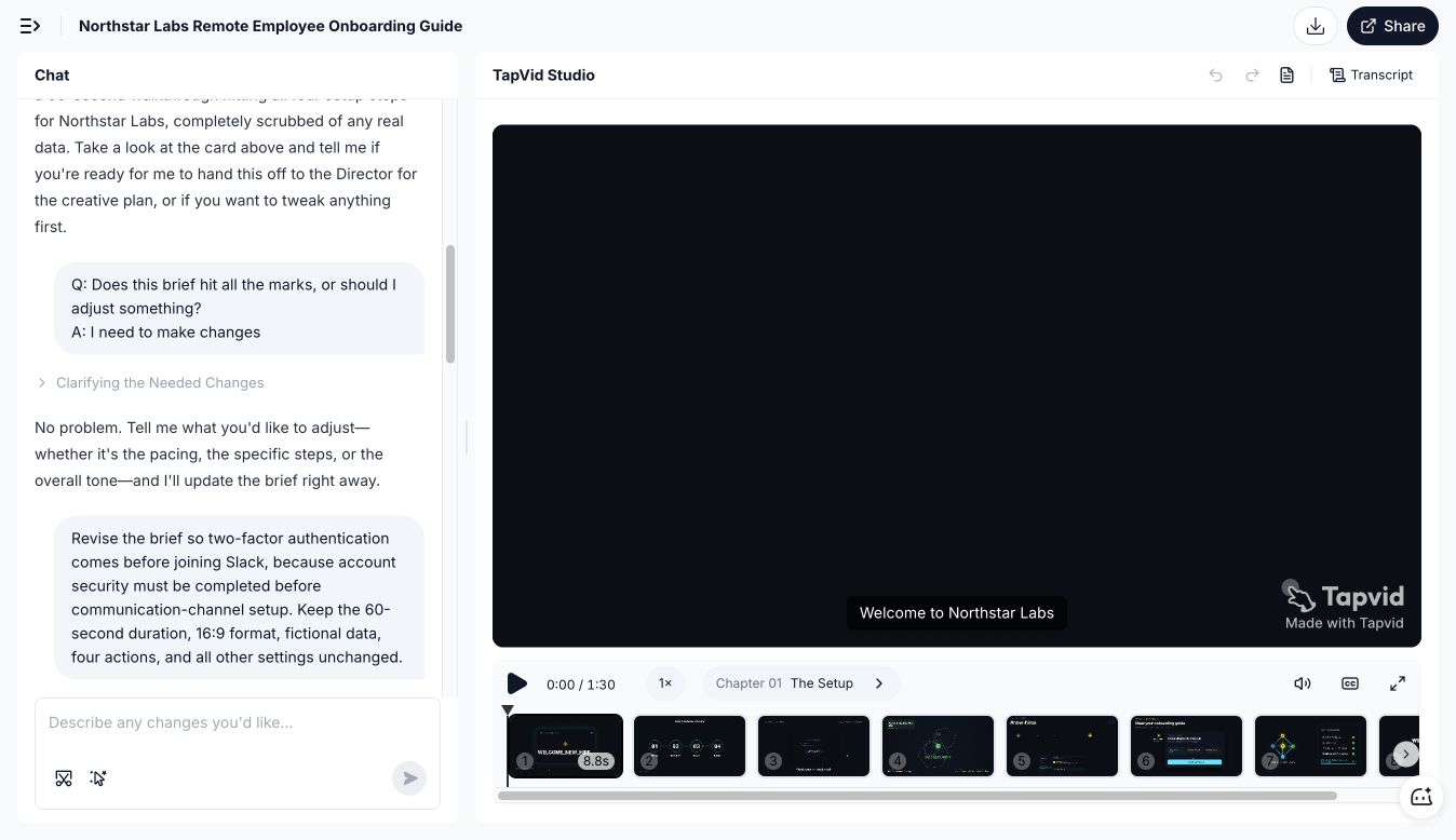 Agentic video editing test where TapVid accepted a targeted 2FA sequencing change before generation