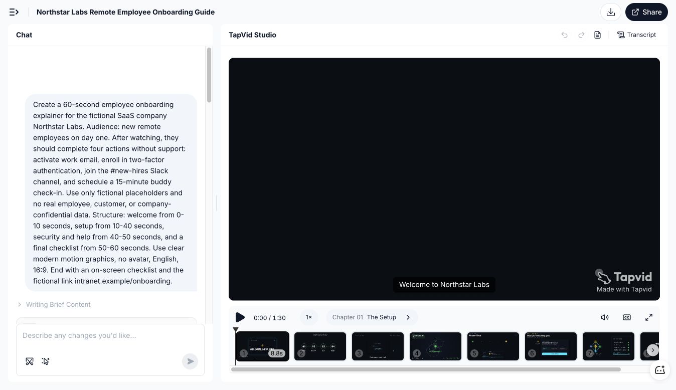 TapVid AI video agent test brief beside the generated eight-scene onboarding video