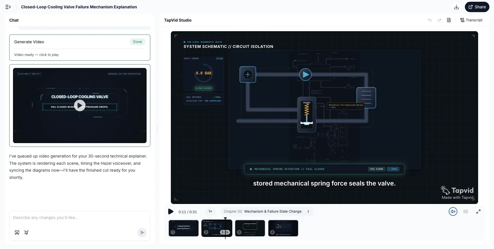 Hands-on-Test: TapVid Studio nach einem 30-Sekunden-Sample eines industriellen Explainers, Chapter 02 bei 0:11 mit FAIL CLOSED auf dem Schematic