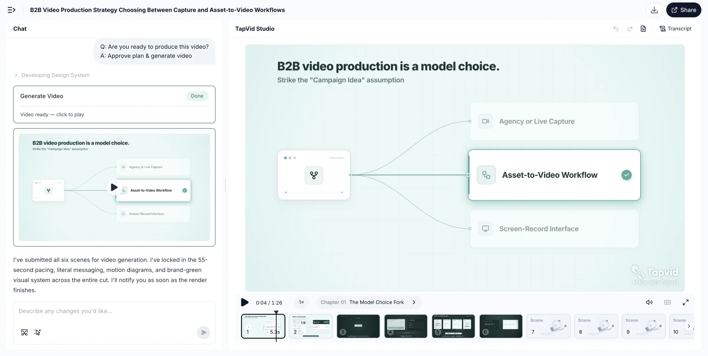 Test hands-on: TapVid Studio tras un explainer B2B generado, con la escena de elección de modelo que muestra captura de agencia, asset-to-video y screen-record