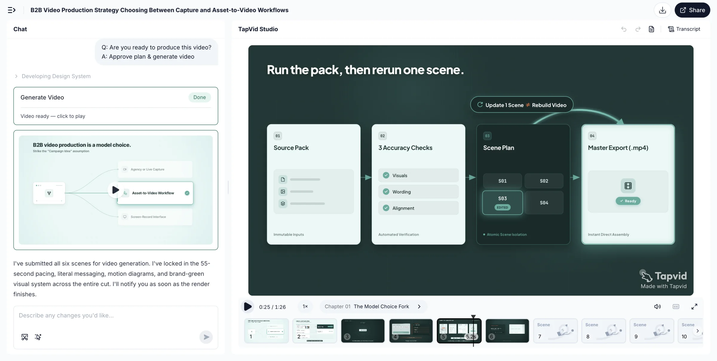 Test hands-on: TapVid Studio muestra el pack generado, el check de precisión, el scene plan y la escena de export del mismo run de explainer B2B