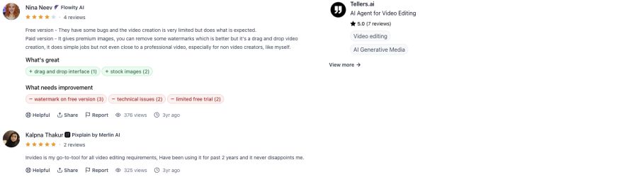 Product Hunt review evidence for InVideo covering simple video work and free-plan limitations