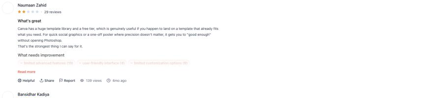 Original Product Hunt review for Canva covering speed to good-enough output and limits of precise control