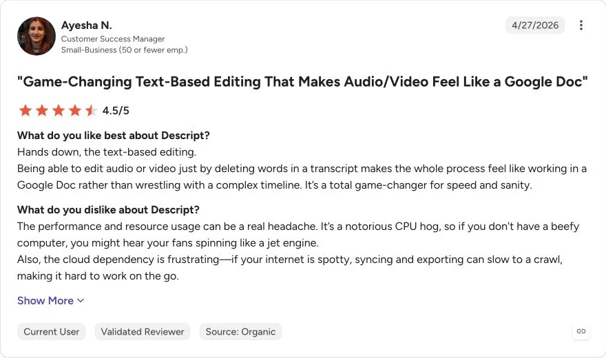 Original Descript G2 review