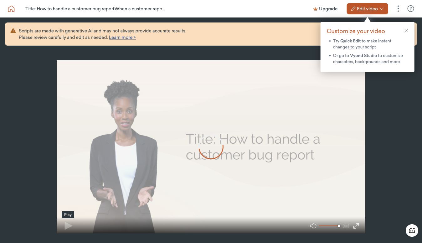 Vyond Go 用統一客服 Bug 培訓腳本生成的結果