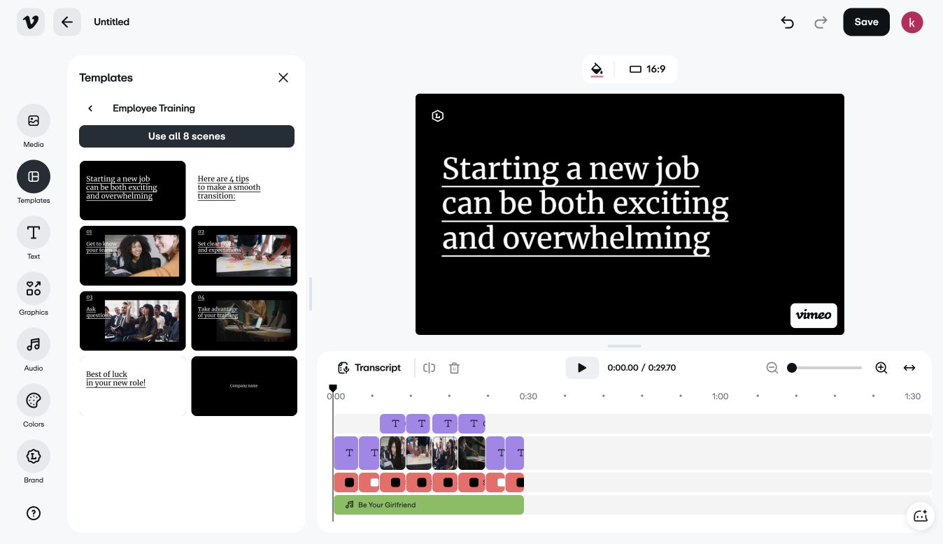 Vimeo 瀏覽器編輯器中套用的員工培訓模板