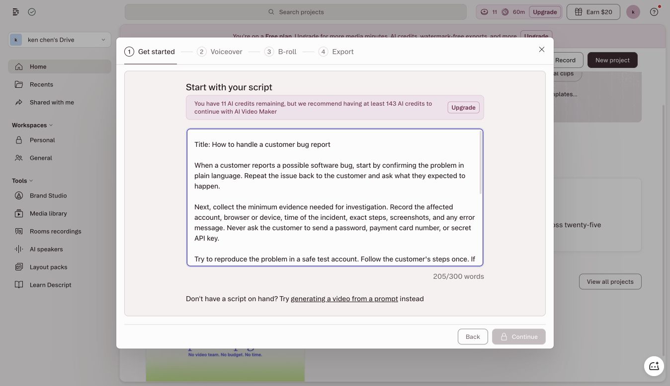 Descript AI Video Makerのクレジット要件