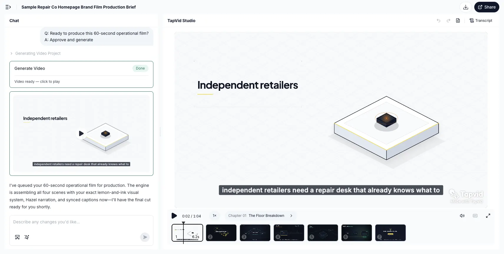 TapVid Studio at 0:02 of a Sample Repair Co homepage brand film, showing the Independent retailers line, chapter captions, and Generate Video marked Done