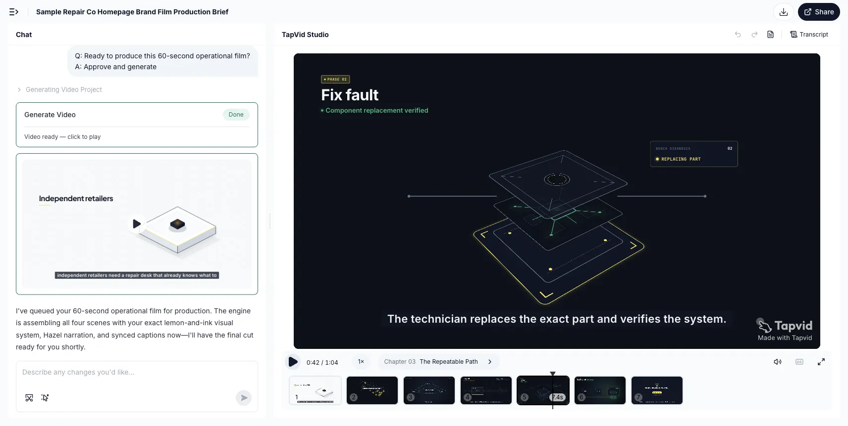 TapVid Studio at 0:42 of the same Sample Repair Co run, showing the Fix fault title and the Component replacement verified caption in the product workspace