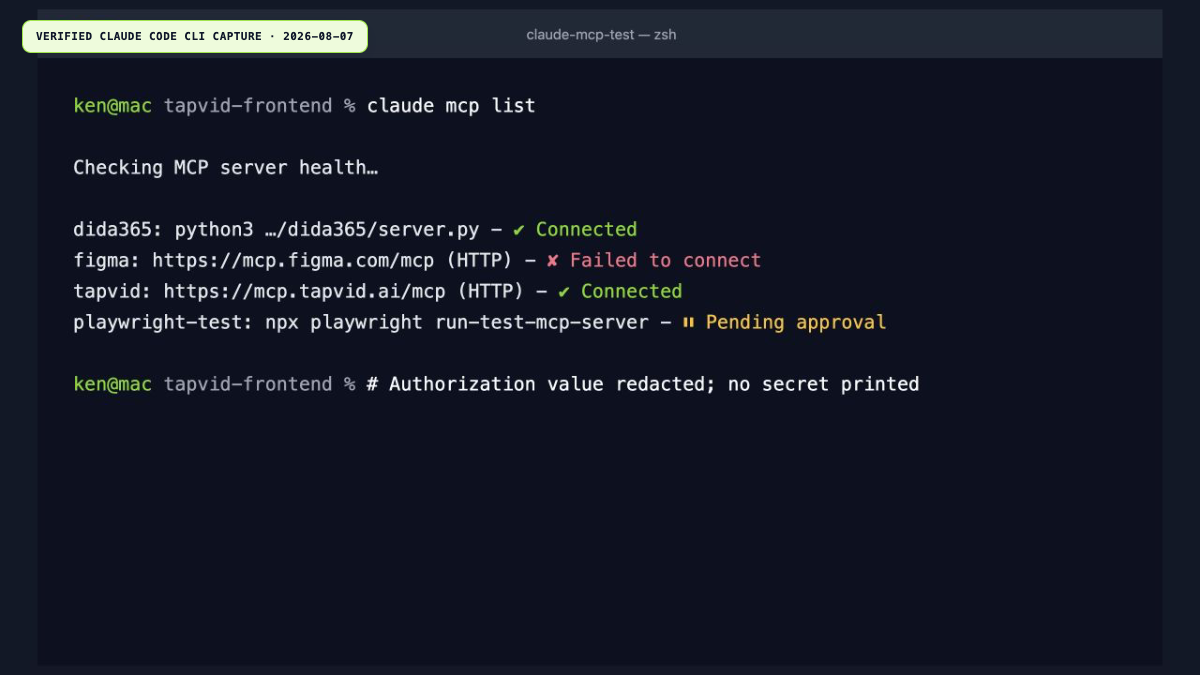 Verifizierte Claude-Code-CLI-Aufnahme mit verbundenem TapVid MCP HTTP-Endpunkt
