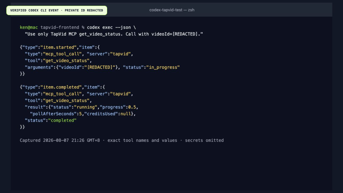 Verifiziertes Codex-CLI-Ereignis mit dem running-Status von TapVid get_video_status
