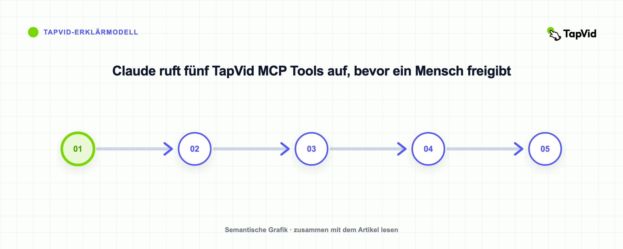 Claude ruft fünf TapVid MCP Tools auf, bevor ein Mensch freigibt