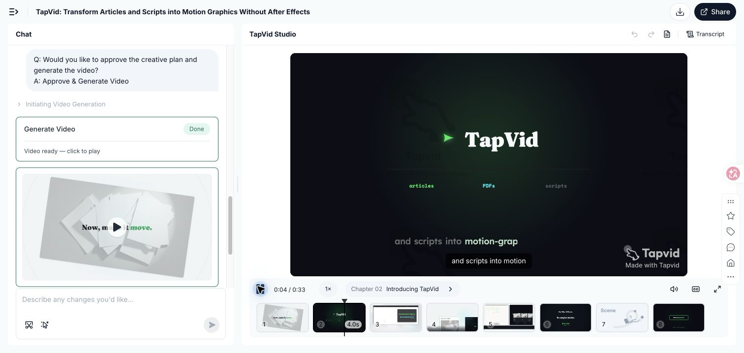 Hands-on test: Completed 33-second TapVid company profile output with eight scenes, captions, and the final tapvid.ai call to action.