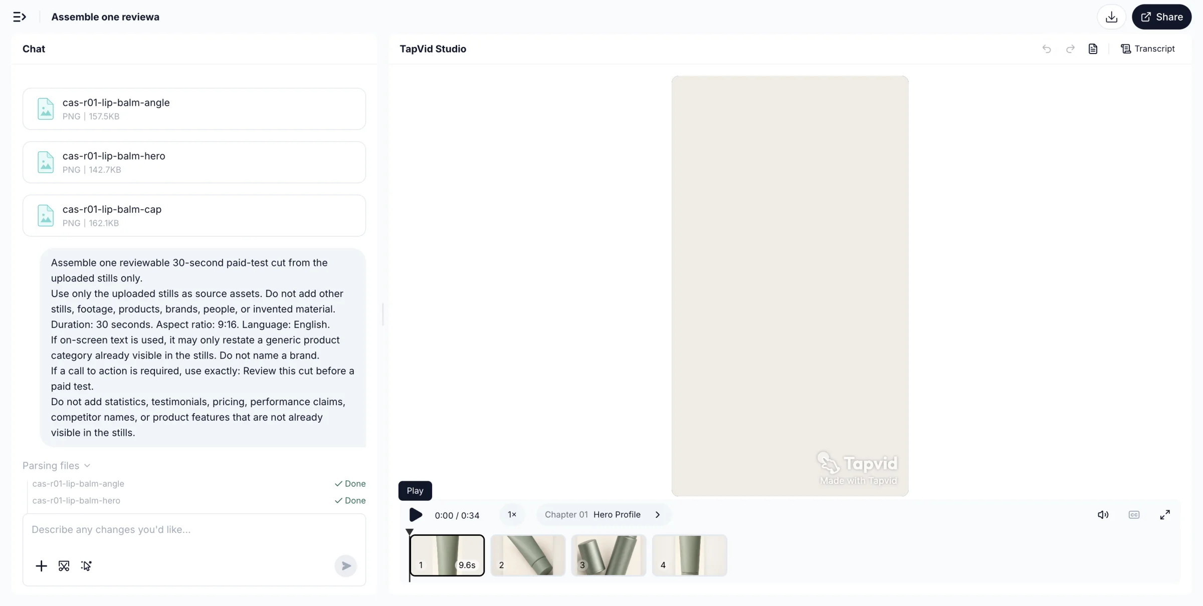 Produktbilder und Produktionsbriefing in TapVid.
