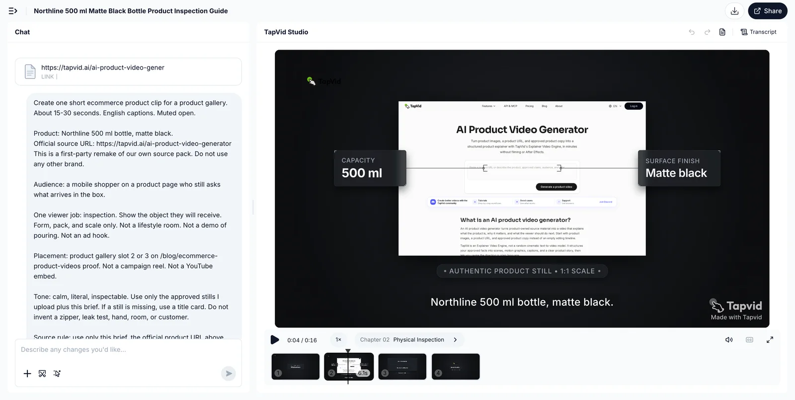 TapVid chat and studio for the Northline 500 ml bottle, with the locked inspection brief and official product URL visible.