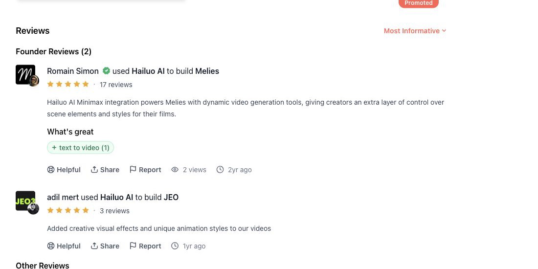 Review evidence: Hailuo AI Review 2026: Good Story Beats, Added Details original Product Hunt user review