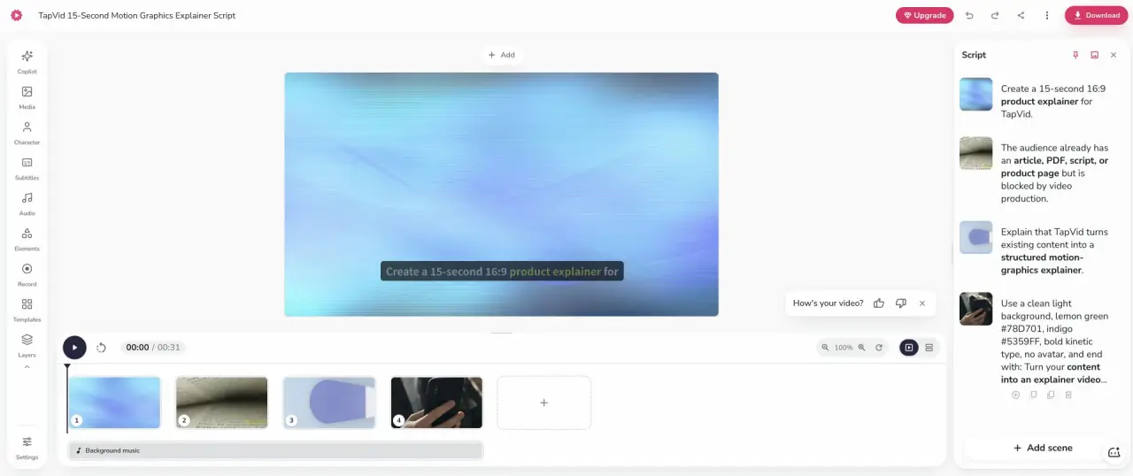 Editor de Fliki con cuatro escenas y 31 segundos