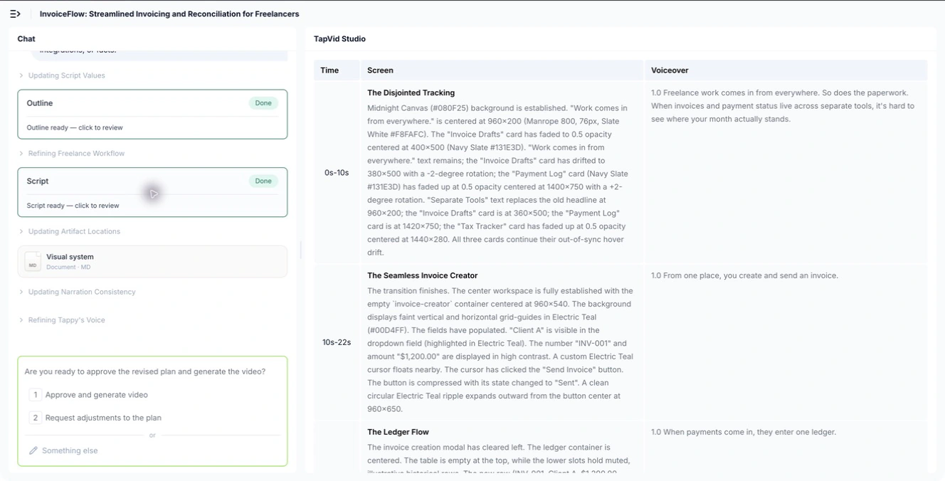 Praxistest: Der überarbeitete TapVid-Szenenplan zeigt Timing, Bildanweisung und Sprechertext vor dem Rendern