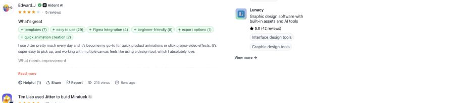 Reseña de Product Hunt de Edward.J sobre facilidad y efectos avanzados de Jitter