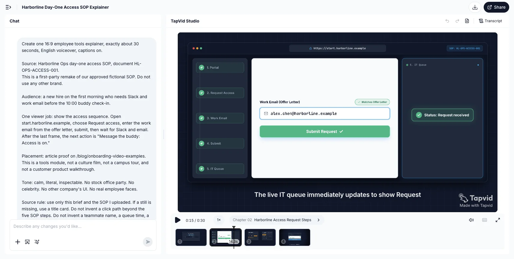 TapVid Studio with the Harborline day-one access SOP brief visible in chat.