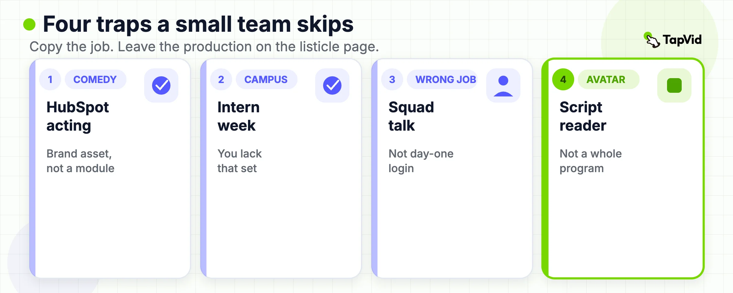 Four small-team traps: copy the comedy, the campus film, the engineering talk, or the culture deck.