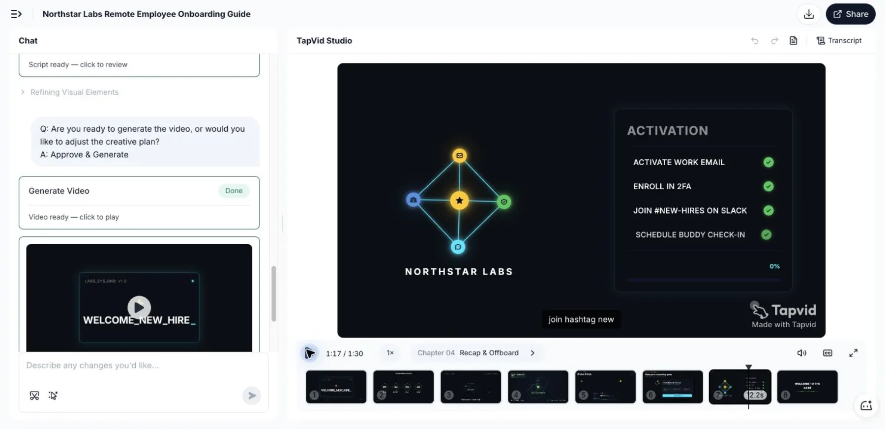 TapVid 入職影片的最終場景,以啟用檢查清單呈現四項已完成的第一天動作