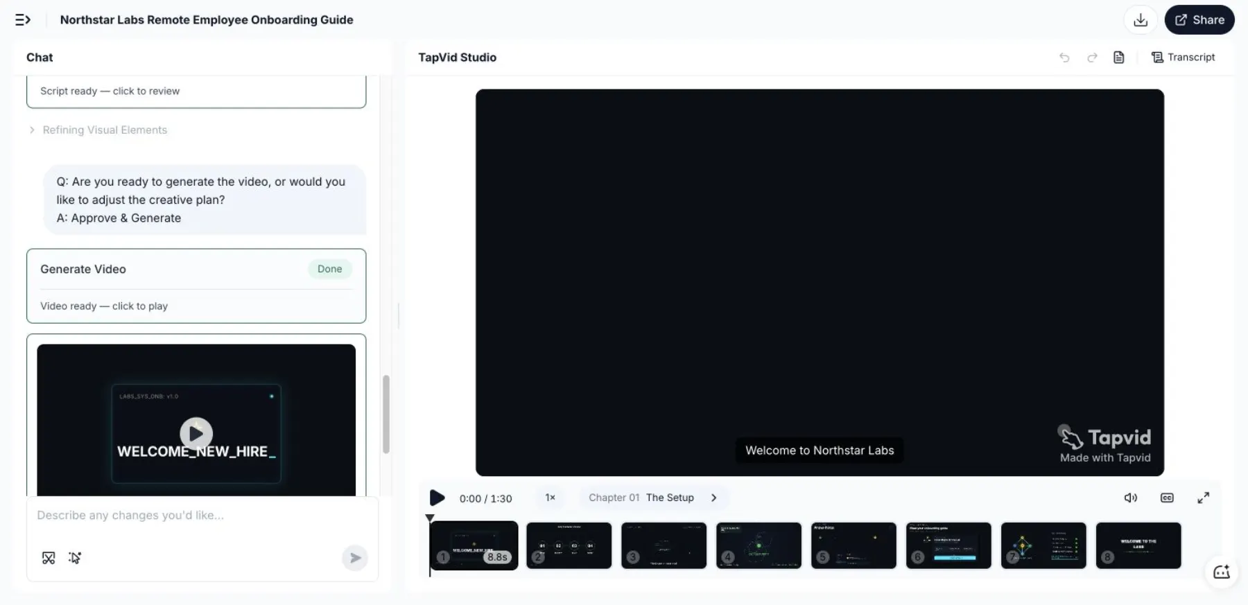 由虛構員工設定簡報生成的 TapVid 入職解說影片,共八個場景、最終片長 1 分 30 秒