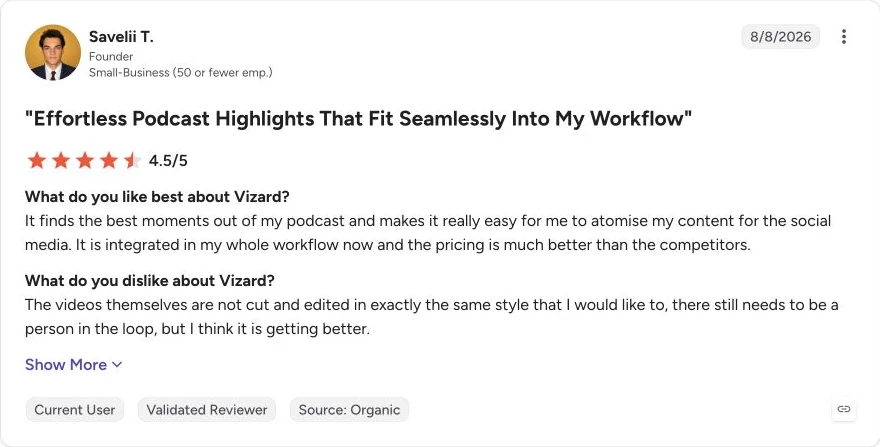 ユーザーレビュー：VizardのG2レビューでは有用なポッドキャスト部分を見つけられる一方、人の確認が必要とされています