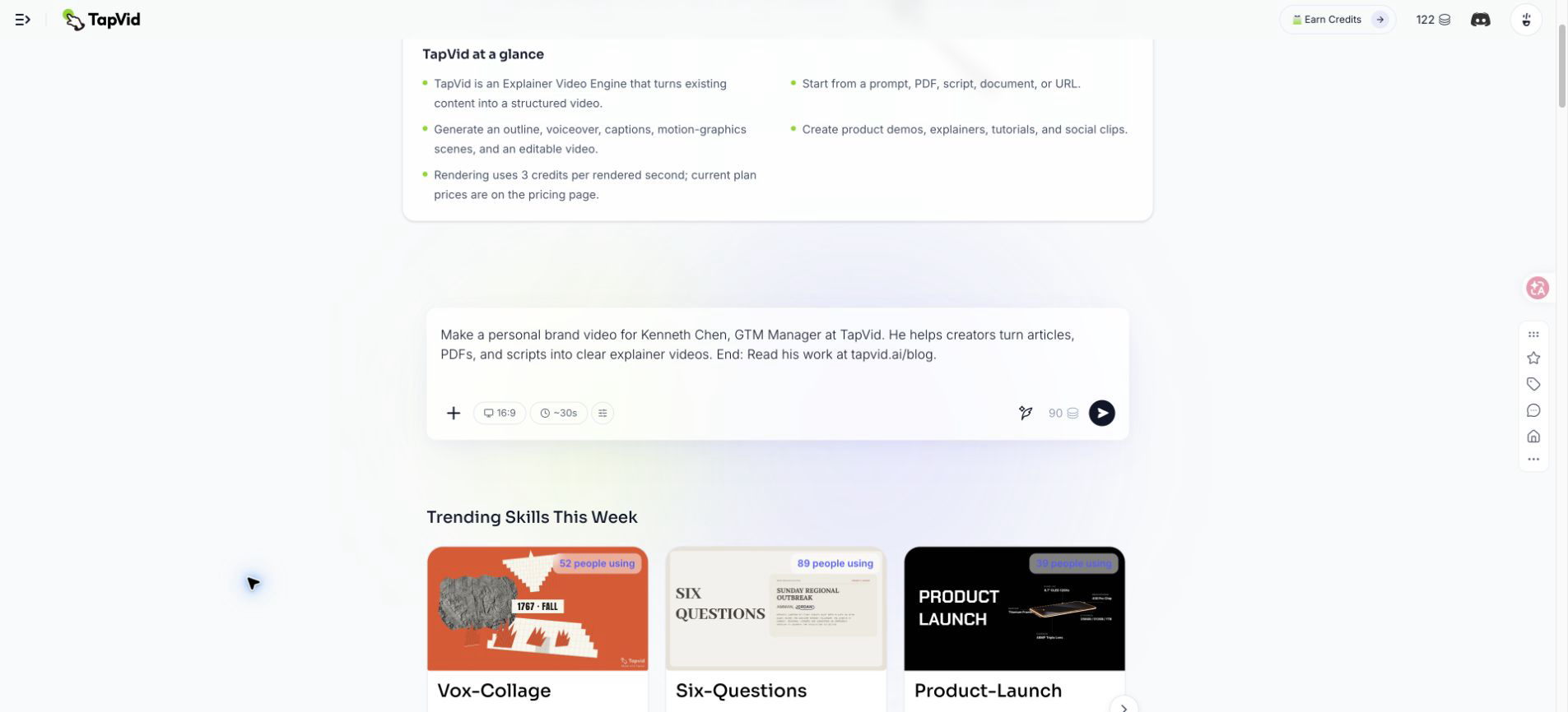 Hands-on test: TapVid personal brand brief entered with Kenneth Chen's approved role, audience, existing-content context, and exact blog CTA.