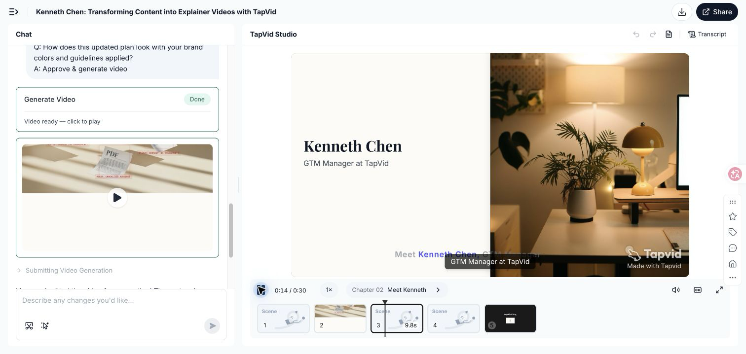 Hands-on test: Revised TapVid personal branding video output using motion graphics, the approved GTM Manager identity, current brand colors, and the source-bound CTA.