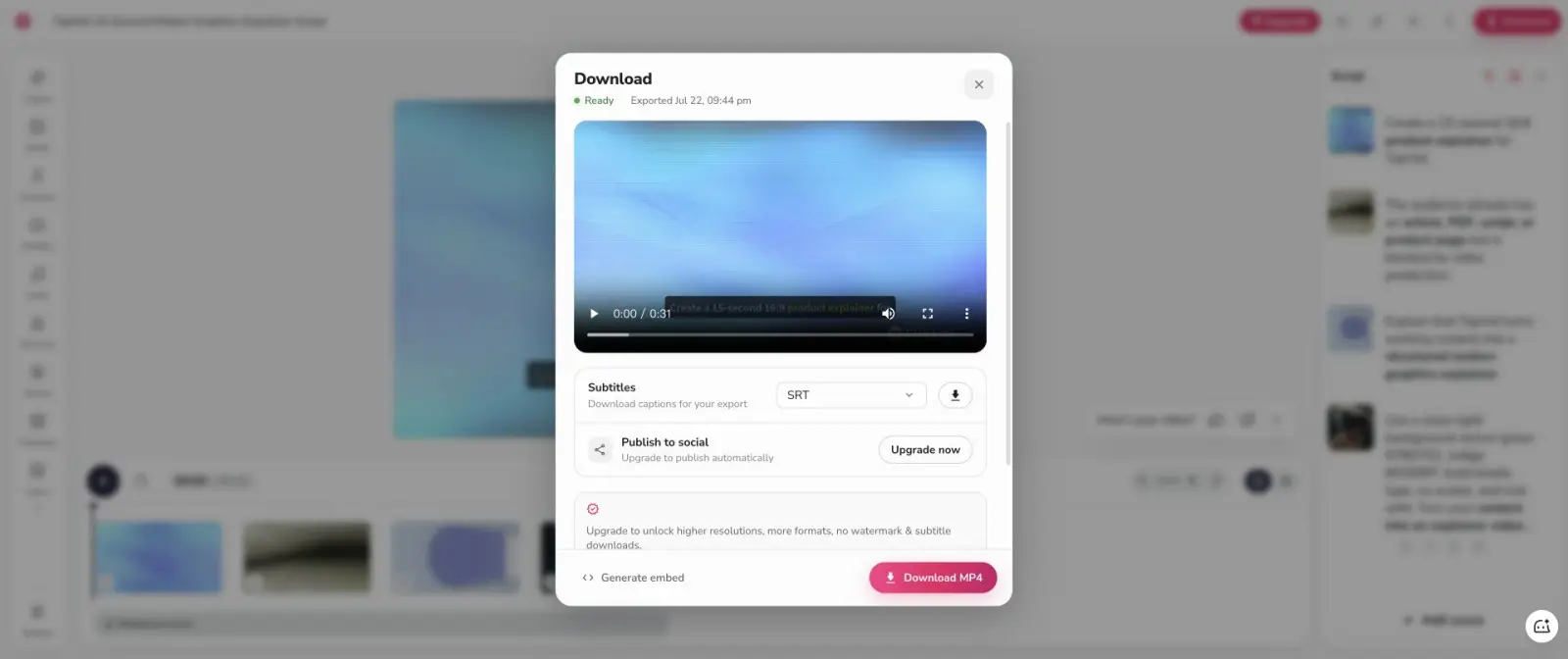 Fliki completed export dialog with a ready MP4 download