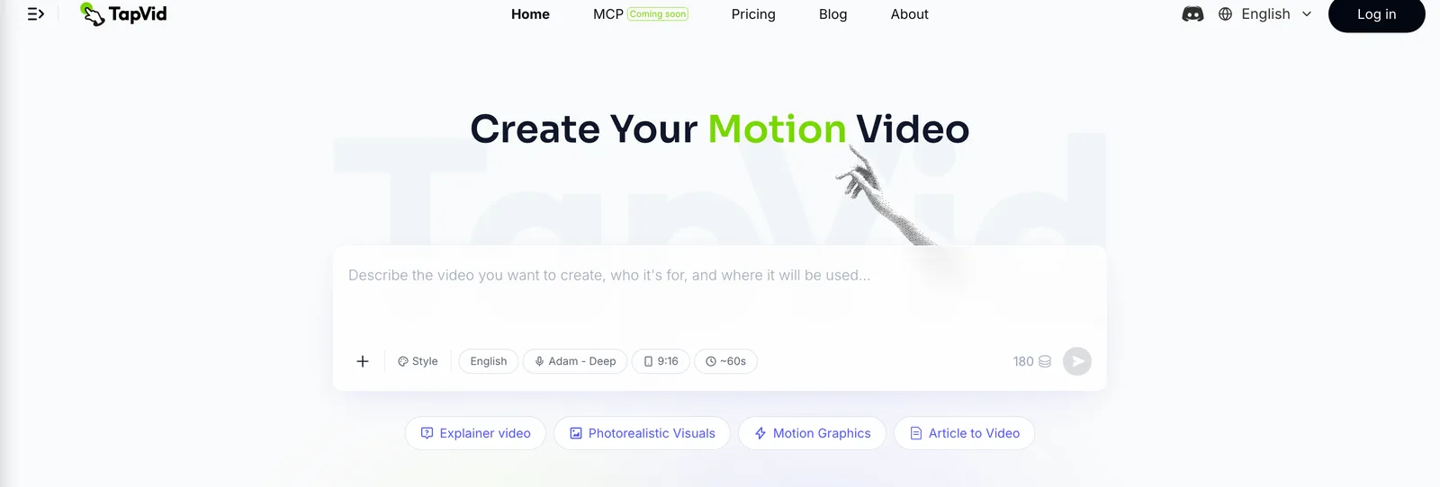 The TapVid homepage: turn a prompt or script into a motion-graphics demo