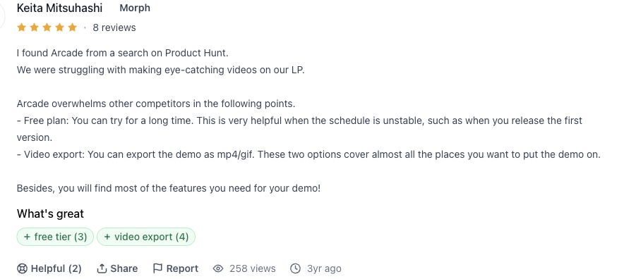 Review evidence: Product Hunt review by Keita Mitsuhashi describing Arcade free-plan access and MP4 or GIF export