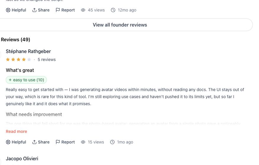 Review evidence: Product Hunt review by Stéphane Rathgeber describing fast HeyGen onboarding and different avatar-source quality