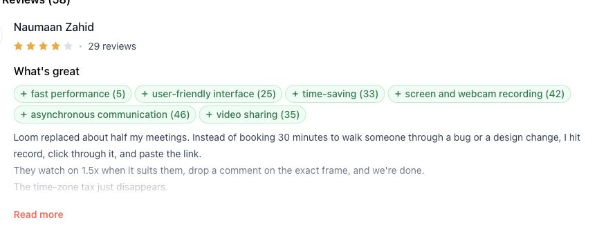 Review evidence: Product Hunt review by Naumaan Zahid describing Loom as an asynchronous replacement for walkthrough meetings
