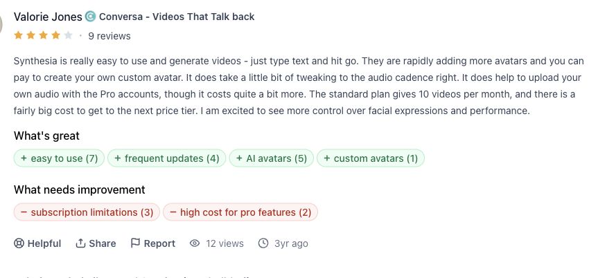 Review evidence: Product Hunt review by Valorie Jones describing Synthesia ease of use, audio-cadence work, and plan constraints