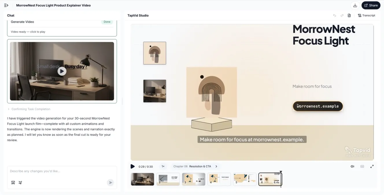 Hands-on test: completed TapVid Studio resolution and CTA scene for the MorrowNest Focus Light